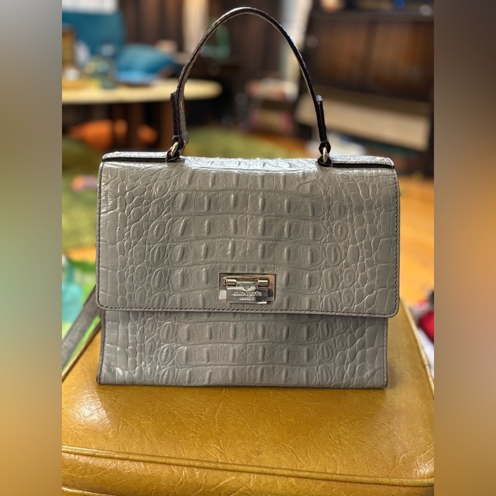 Kate Spade Croc Embossed Grey Shoulder Bag Structured Flap Purse